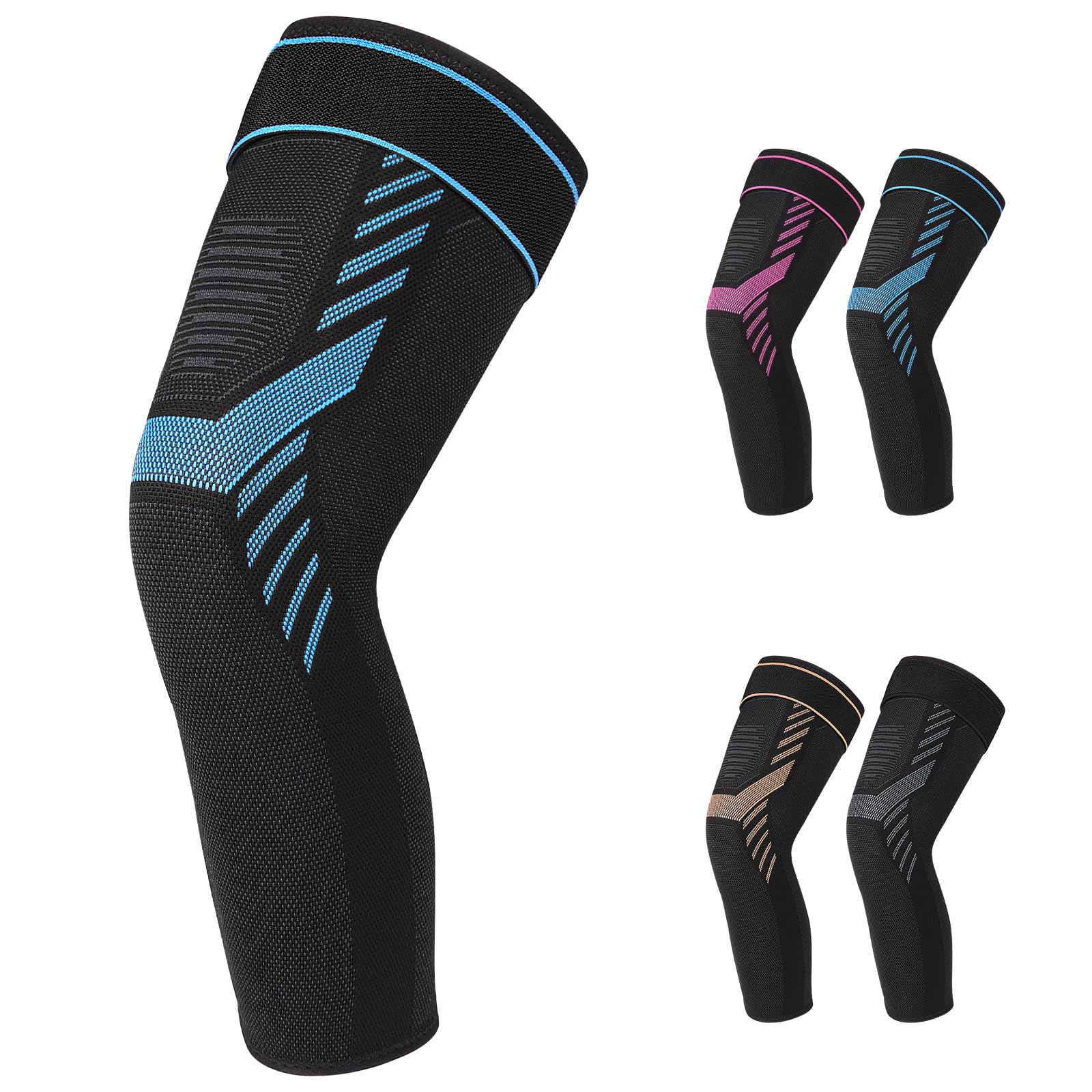 Long Compression Leg Sleeve Knee Compression Sleeves with Adjustable Straps Knee Brace for Men and Women for Sports Running Basketball Meniscus Tear Arthritis ACL Pain Relief (Blue Large)